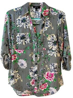 BCC 3/4‎ Roll Tab Semi-Sheer, Lightweight Striped & Floral Button Up Blouse Sz S